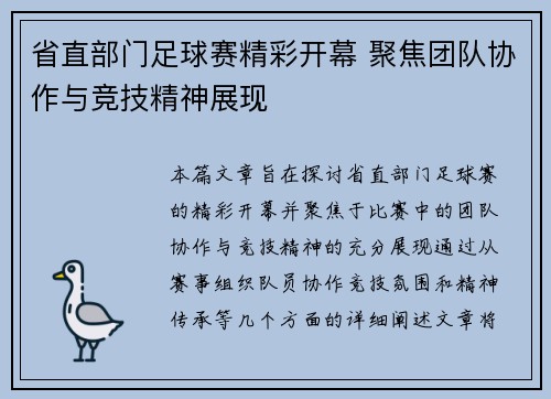 省直部门足球赛精彩开幕 聚焦团队协作与竞技精神展现