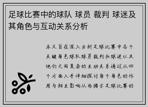 足球比赛中的球队 球员 裁判 球迷及其角色与互动关系分析