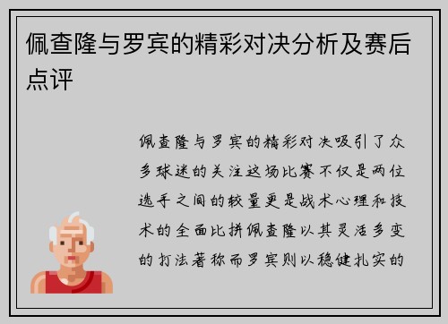 佩查隆与罗宾的精彩对决分析及赛后点评