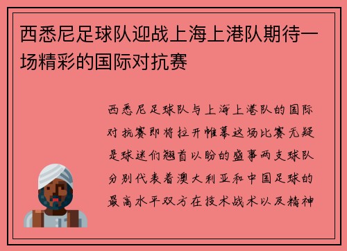 西悉尼足球队迎战上海上港队期待一场精彩的国际对抗赛