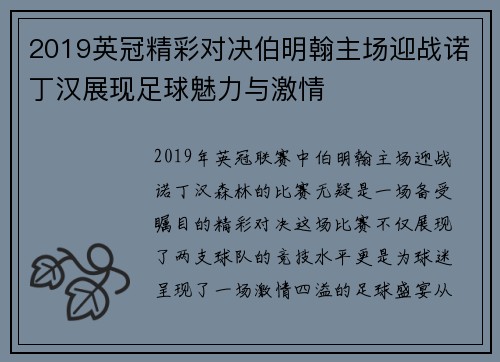 2019英冠精彩对决伯明翰主场迎战诺丁汉展现足球魅力与激情
